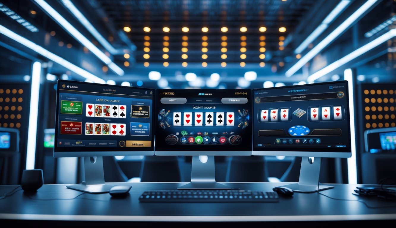 Seorang pemain menggunakan komputer dengan beberapa layar menampilkan permainan kasino langsung dan dealer asli, di latar belakang terlihat ruang server dengan lampu LED yang menyala.
