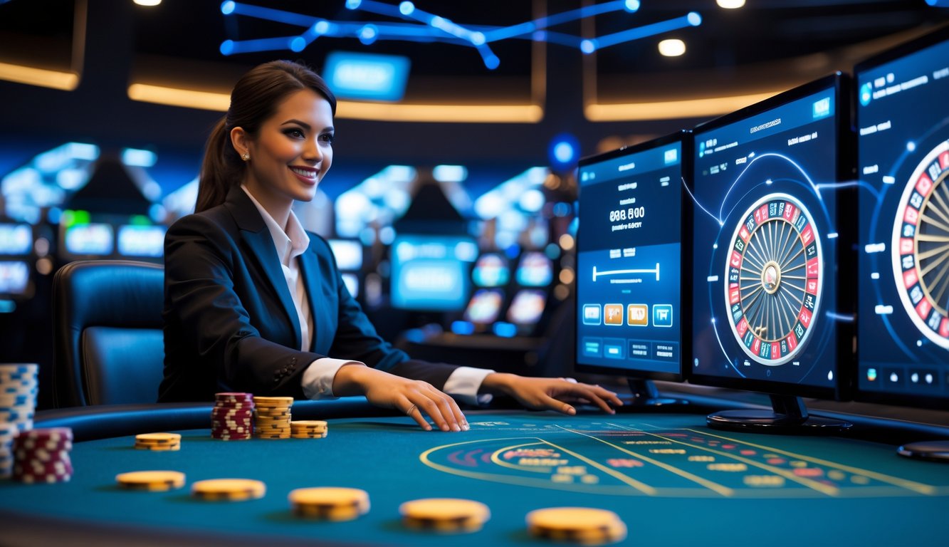 Seorang dealer nyata di studio kasino online yang modern dengan layar menampilkan permainan kasino langsung dan elemen jaringan yang menunjukkan kecepatan server.