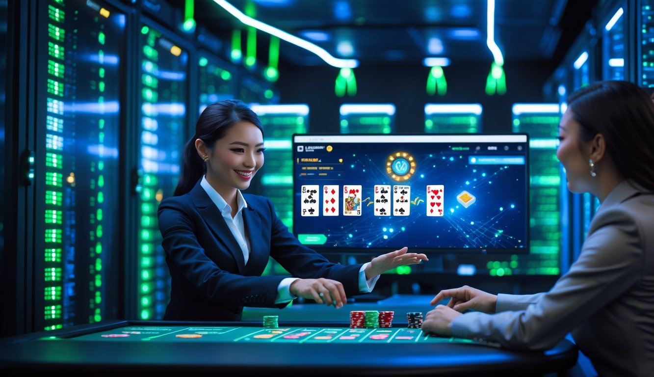 Seorang dealer kasino yang ramah berinteraksi dengan pemain melalui layar digital di depan rak server modern dengan lampu LED yang menyala, menggambarkan teknologi server berkecepatan tinggi di kasino online.