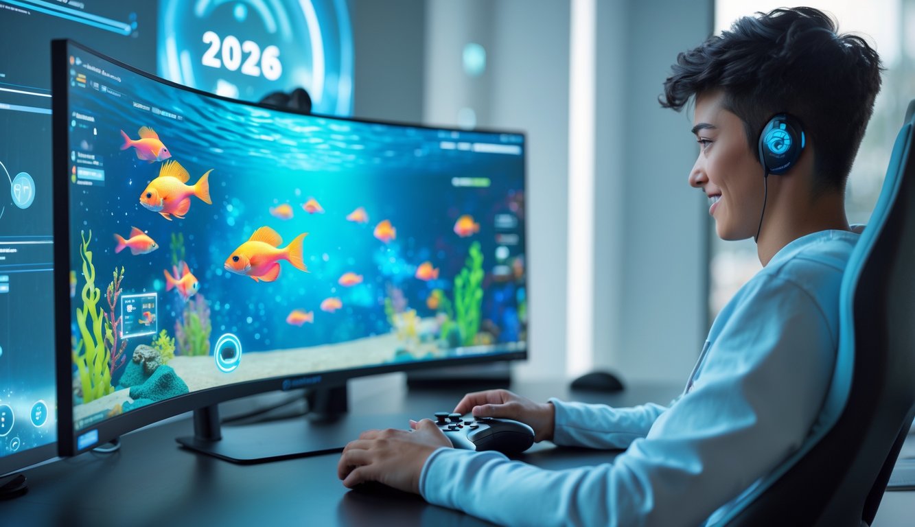 Seorang dewasa muda sedang bermain game tembak ikan online di depan monitor besar dengan latar belakang bertema bawah laut.