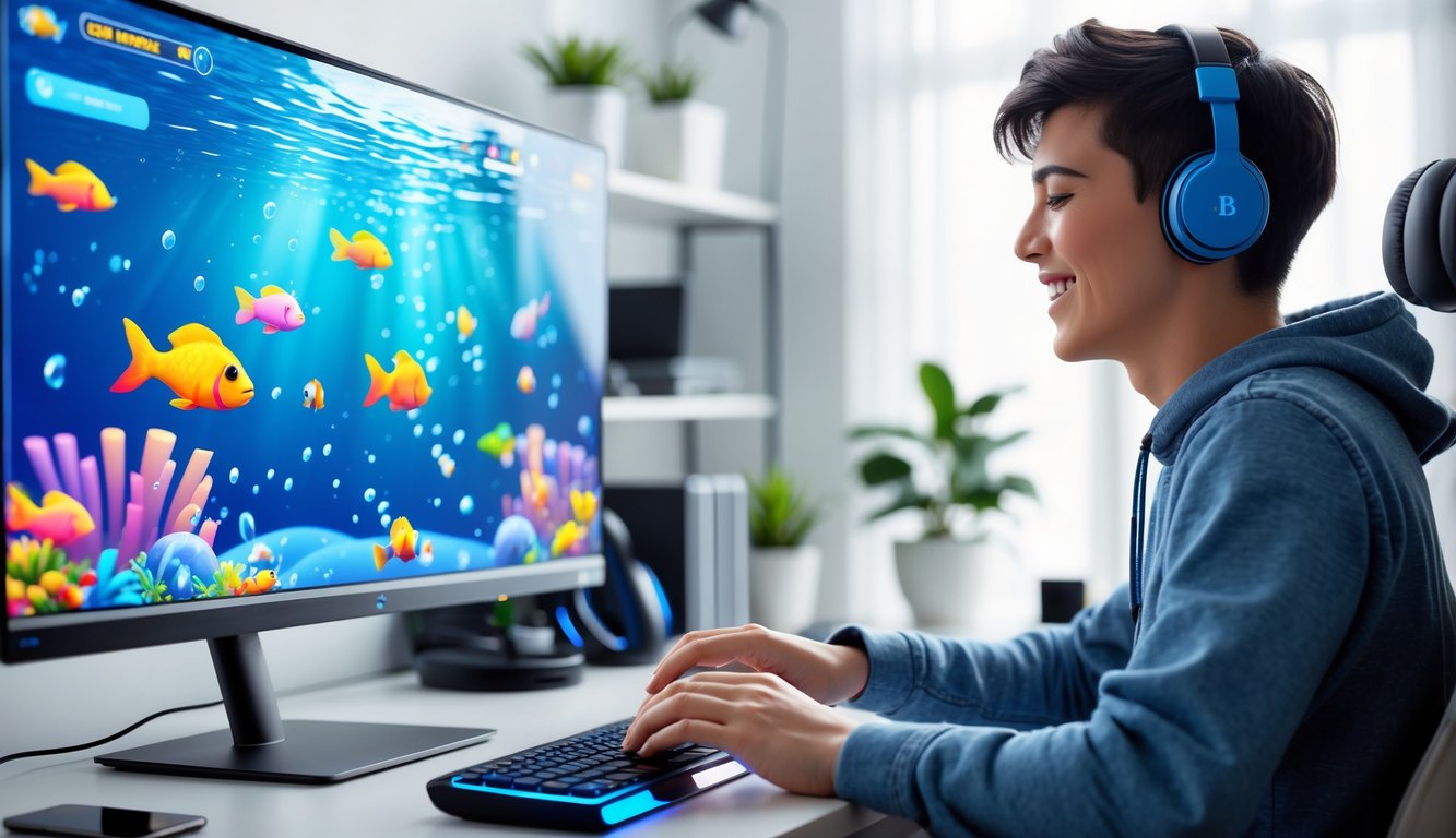 Seorang dewasa muda bermain permainan tembak ikan online di komputer dengan latar ruang kerja yang rapi dan terang.