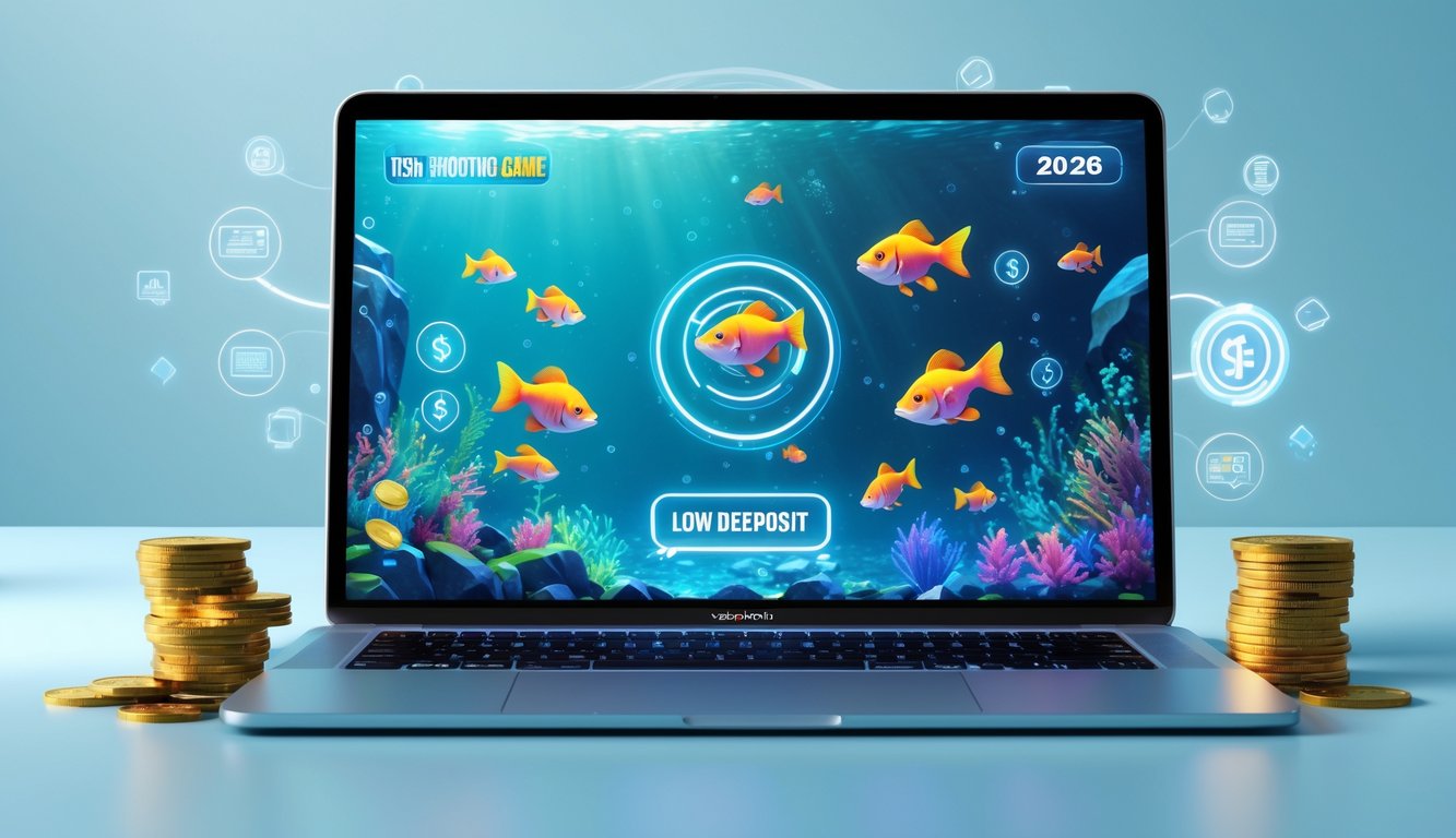 Sebuah layar komputer menampilkan grafik permainan ikan yang berwarna-warni dengan latar belakang biru dan efek air, dikelilingi oleh simbol pembayaran digital dan tumpukan koin kecil.