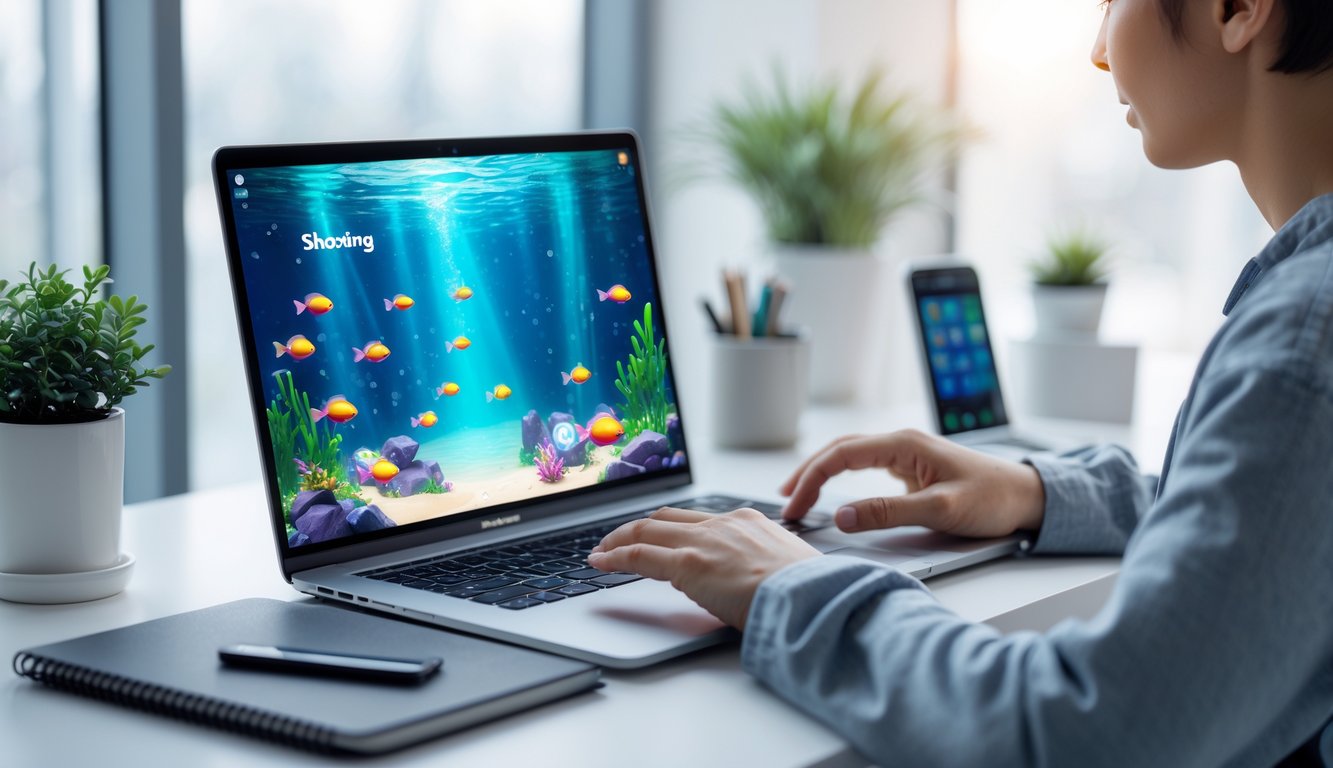 Seorang dewasa muda menggunakan laptop di meja kerja dengan layar menampilkan permainan bertema bawah laut.