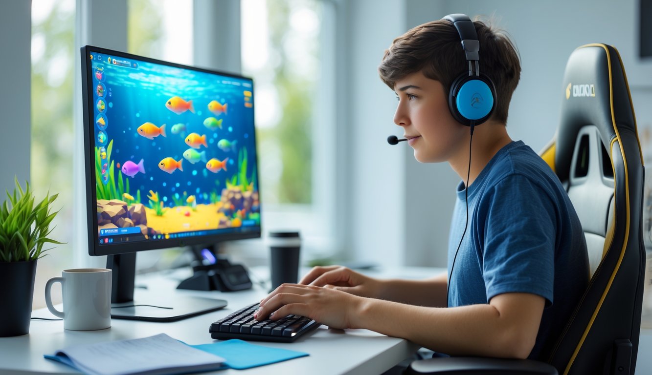 Seorang pemula sedang bermain game tembak ikan online di meja kerja dengan suasana terang dan fokus.