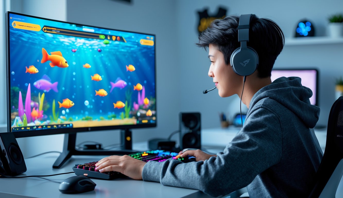 Seorang gamer pemula sedang fokus bermain permainan tembak ikan online di depan layar komputer besar dengan latar ruang kerja rumah yang rapi.