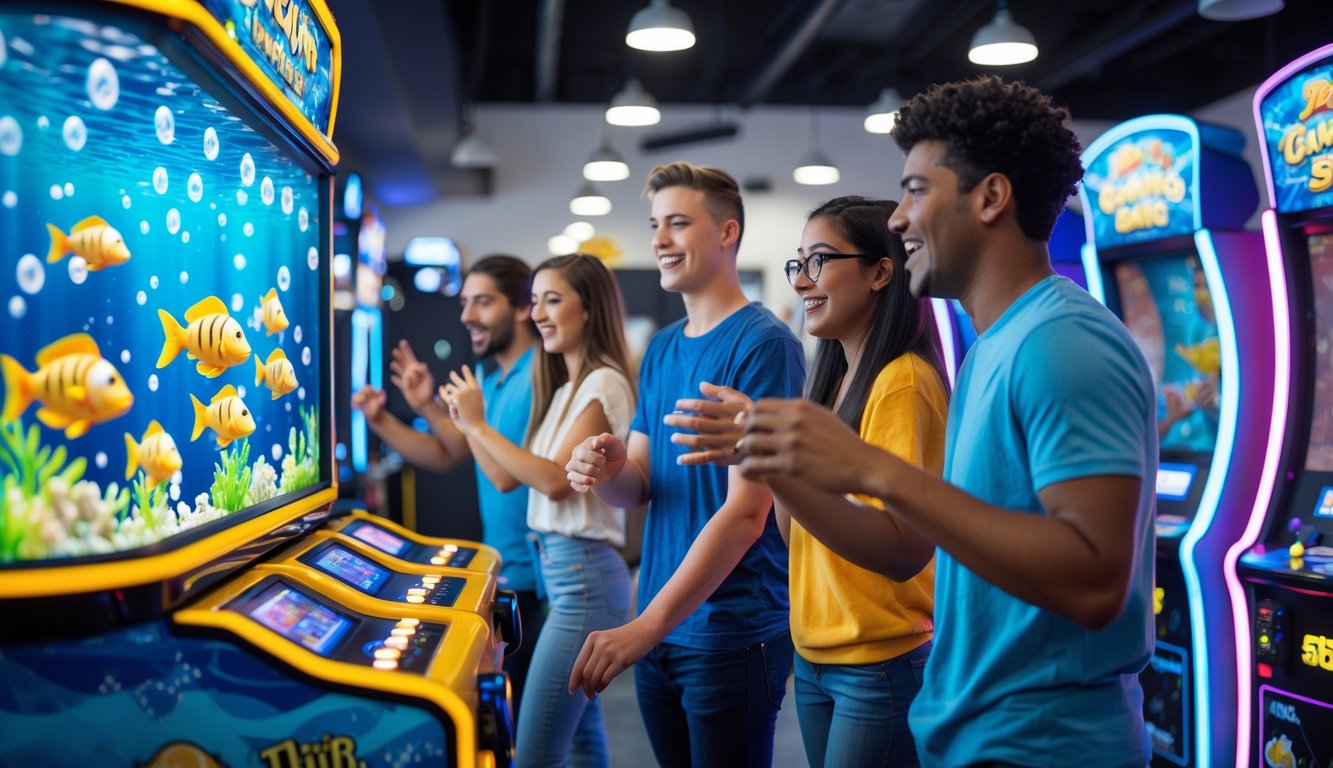 Orang-orang muda sedang bermain permainan tembak ikan di pusat permainan yang terang dan berwarna-warni.