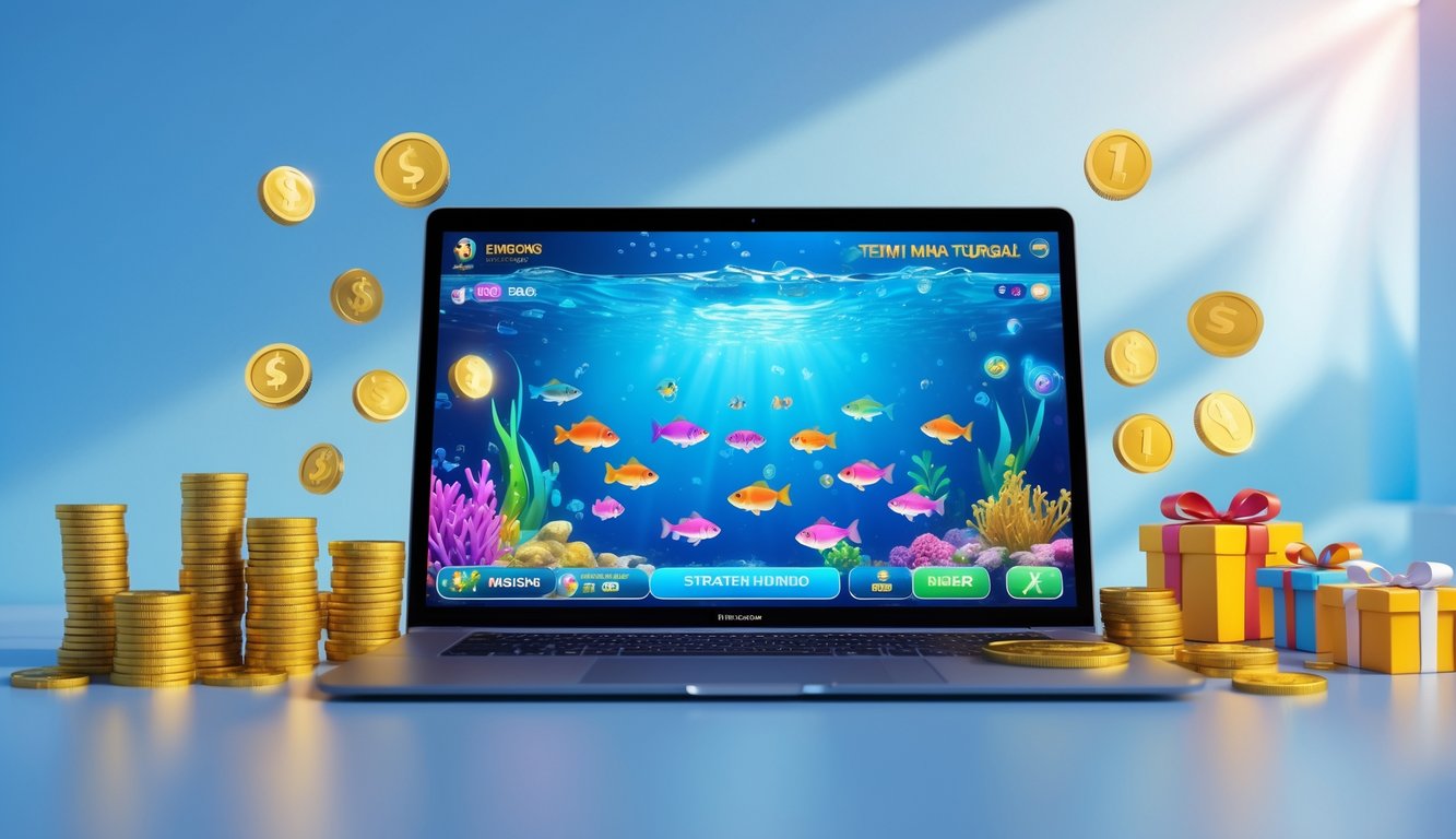 Seorang pemain menggunakan laptop dengan tampilan permainan tembak ikan berwarna-warni di layar, dikelilingi oleh simbol koin dan hadiah di latar biru yang bersih.