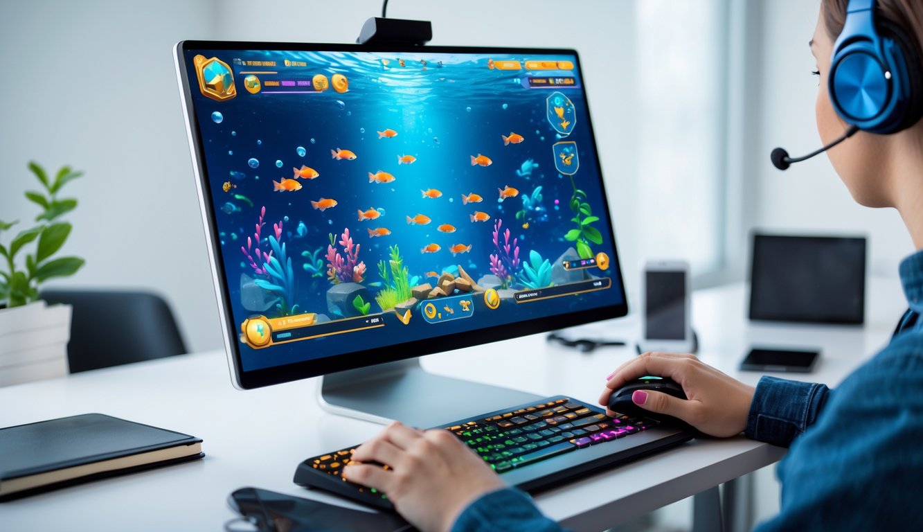Seseorang sedang bermain game tembak ikan online di komputer dengan latar ruang kerja modern.