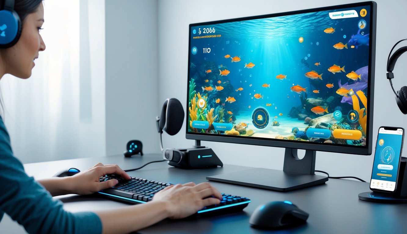 Seorang pemain sedang bermain permainan tembak ikan online di komputer dengan latar belakang ikan berwarna-warni di layar.