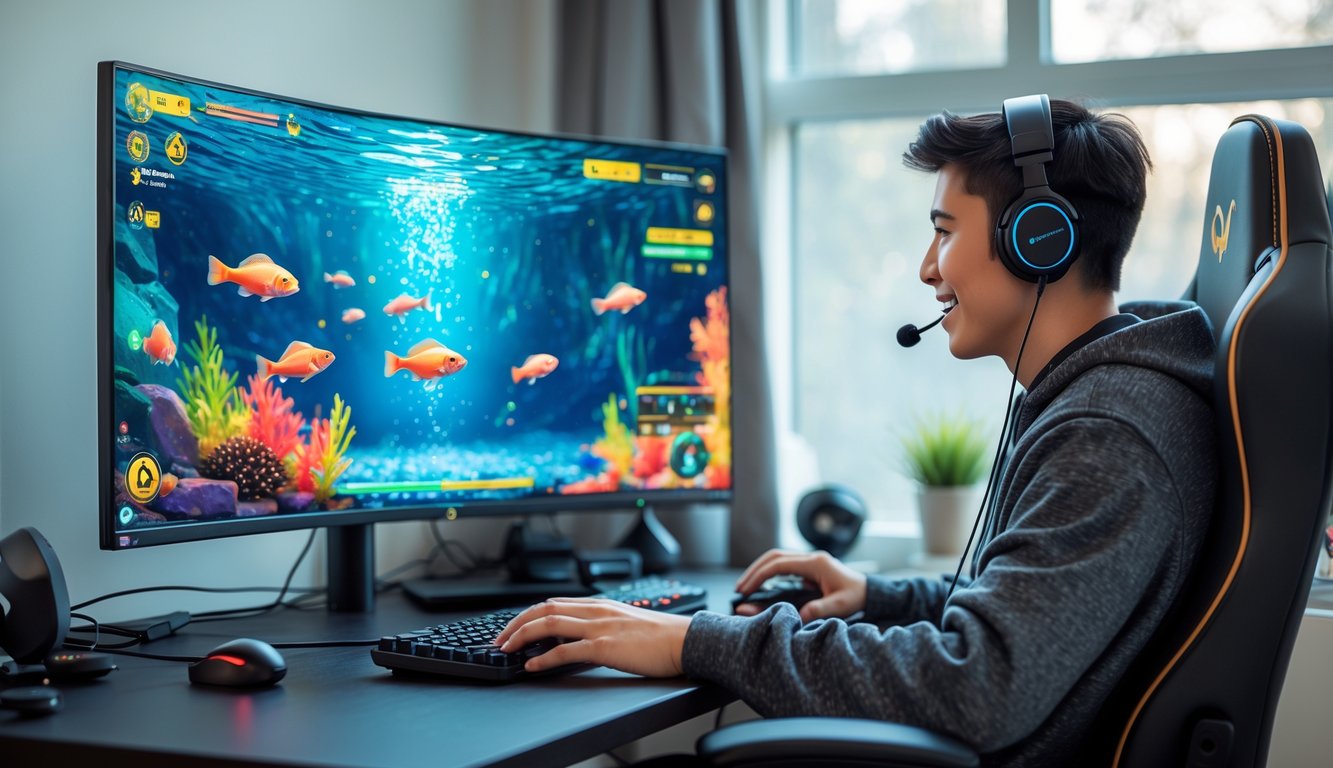 Seseorang sedang bermain game tembak ikan di komputer dengan suasana ruangan yang nyaman dan pencahayaan alami.