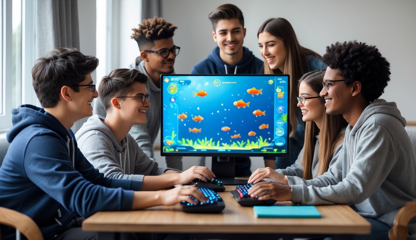 Sekelompok orang muda bermain game tembak ikan di depan layar komputer dalam ruangan yang nyaman.