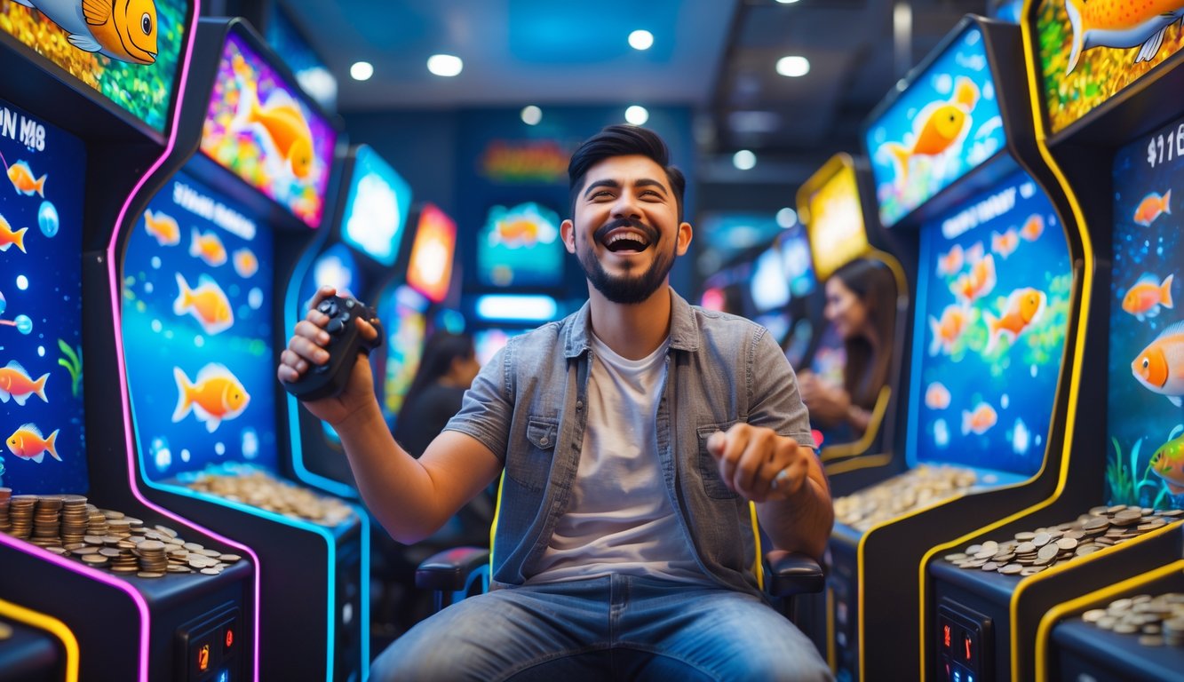 Seorang pria sedang merayakan kemenangan besar saat bermain permainan tembak ikan di arcade dengan mesin permainan berwarna-warni di latar belakang.