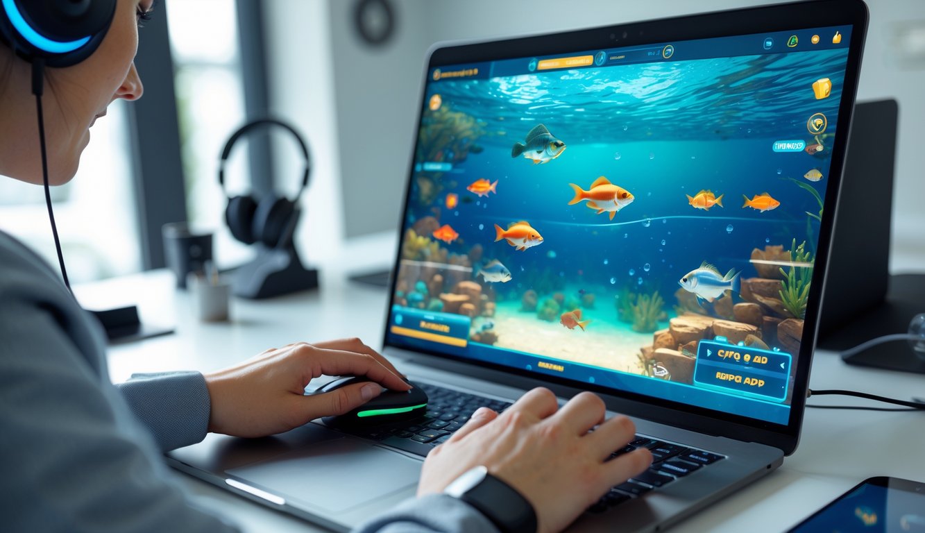 Seseorang bermain permainan tembak ikan online di komputer dengan latar ruang kerja yang rapi.