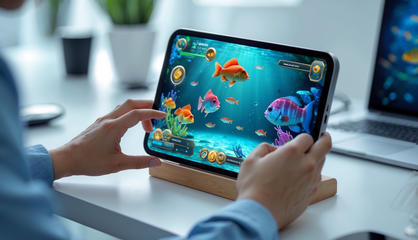 Seseorang sedang bermain permainan tembak ikan online di layar komputer atau ponsel dengan tampilan ikan berwarna-warni di layar.