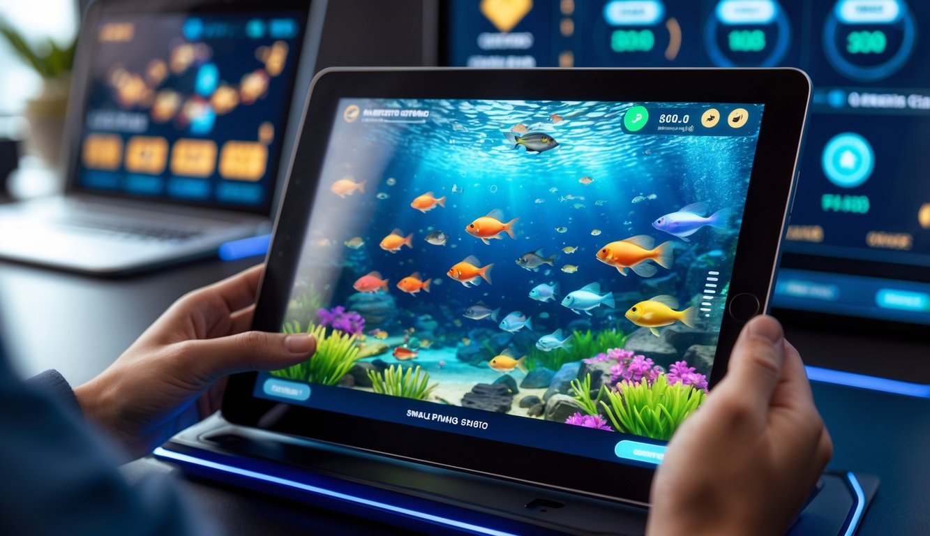 Seseorang menggunakan perangkat digital yang menampilkan permainan tembak ikan dengan latar bawah laut penuh ikan berwarna-warni.