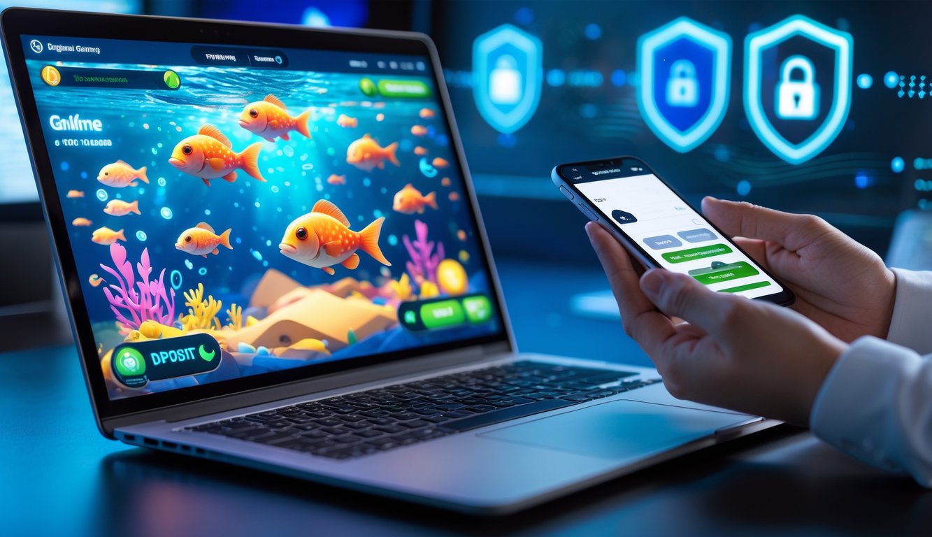 Sebuah ruang kerja modern dengan laptop yang menampilkan permainan tembak ikan dan tangan seseorang melakukan transaksi deposit kecil menggunakan ponsel.