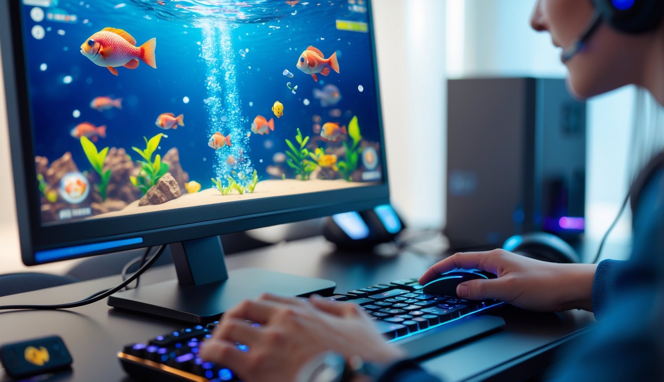 Seorang pemain menggunakan komputer dengan layar menampilkan permainan tembak ikan berwarna-warni di lingkungan gaming yang aman dan modern.