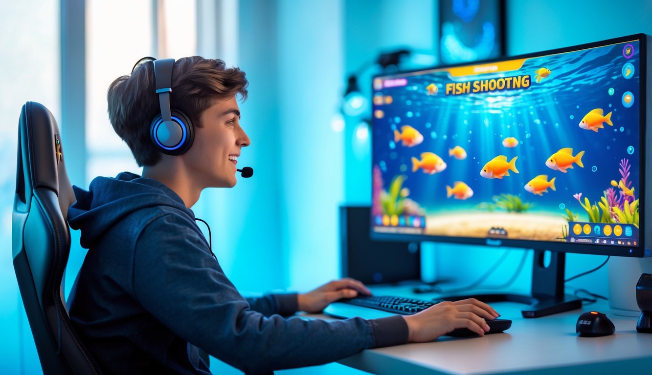 Seorang dewasa muda sedang bermain game tembak ikan online di depan komputer dengan latar ruangan yang terang dan nyaman.