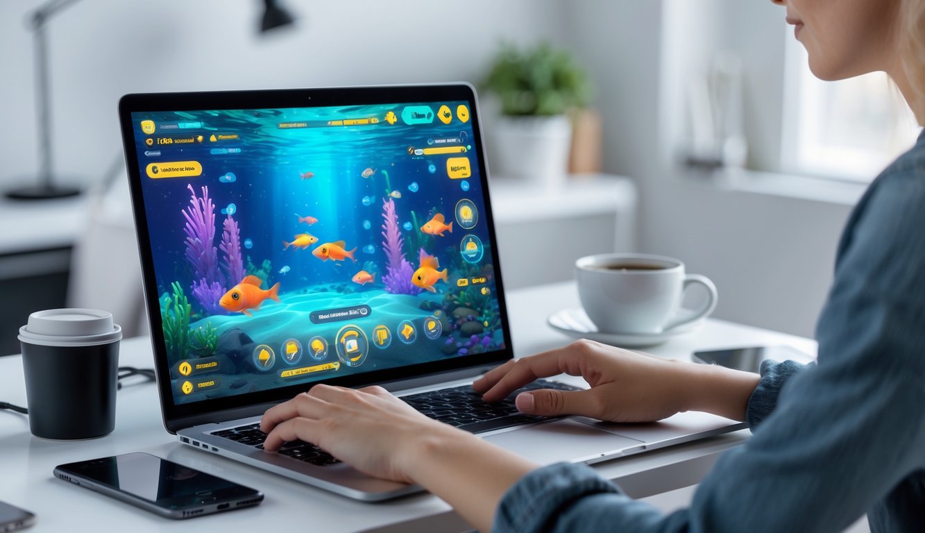 Seseorang menggunakan laptop dengan tampilan permainan tembak ikan online berwarna-warni di layar, duduk di meja kerja yang rapi dengan secangkir kopi dan ponsel di dekatnya.