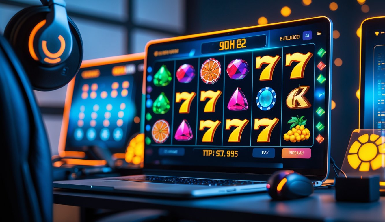 Sebuah ruang kerja modern dengan komputer menampilkan permainan slot online yang berwarna-warni dan simbol-simbol mesin slot, dengan suasana yang terang dan nyaman.