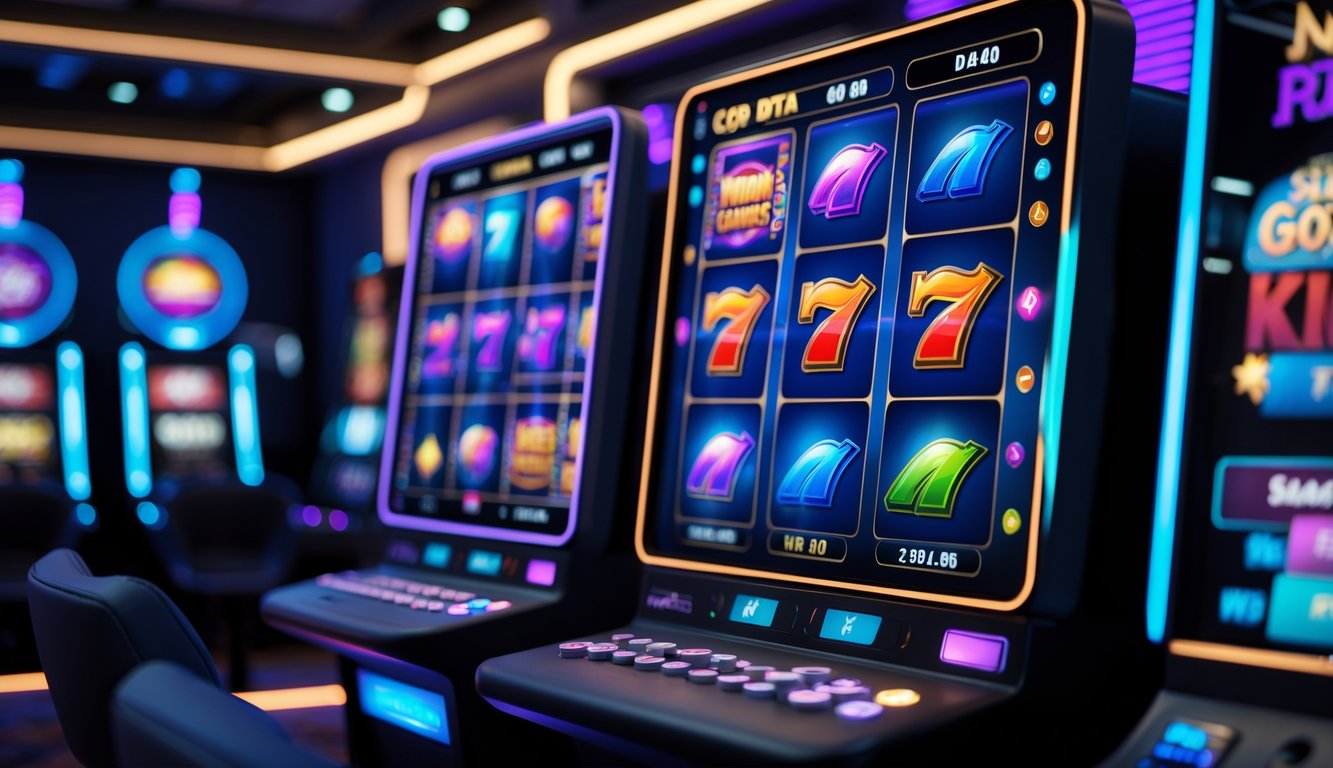 Suasana ruang permainan kasino online dengan mesin slot digital yang menampilkan gulungan berwarna-warni dan efek cahaya yang menarik.