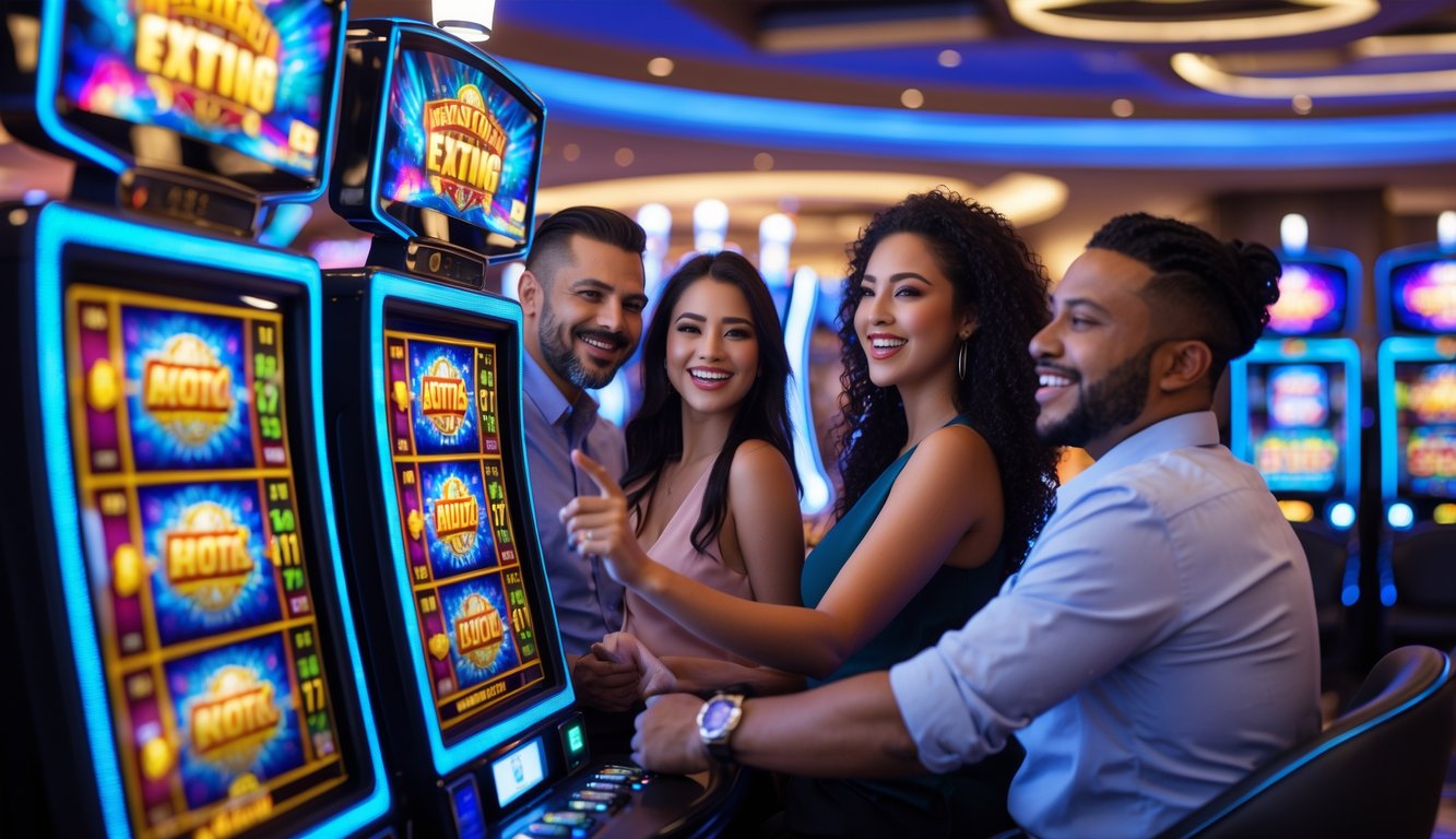 Orang-orang sedang bermain mesin slot digital di kasino dengan suasana ceria dan pencahayaan modern.