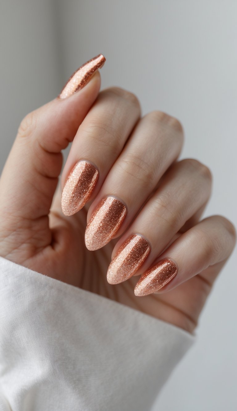 Close-up of one hand with almond-shaped copper glitter gradient nails against a white background.