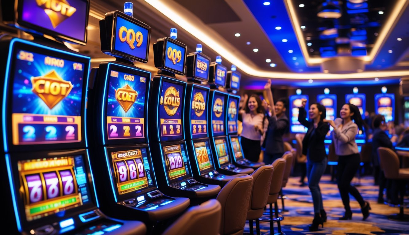 Suasana kasino modern dengan mesin slot digital yang berwarna-warni dan pemain yang terlihat gembira sedang bermain dan merayakan kemenangan.