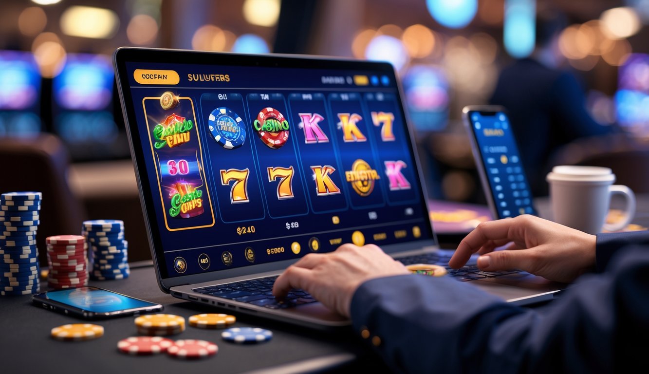 Seorang pemain sedang menggunakan komputer dengan tampilan permainan slot yang berwarna-warni di lingkungan kasino modern.