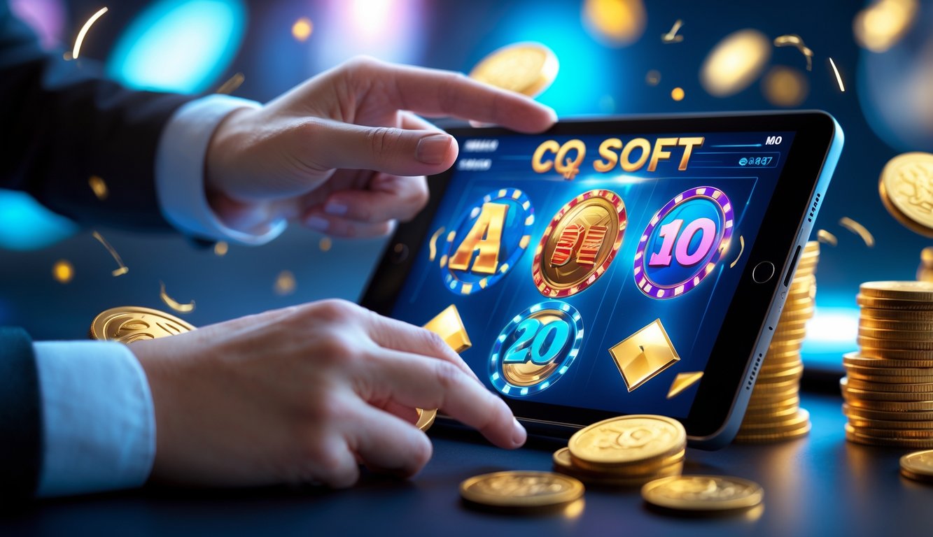 Tangan seseorang menggunakan tablet dengan tampilan permainan slot digital yang berwarna-warni di lingkungan kasino modern.