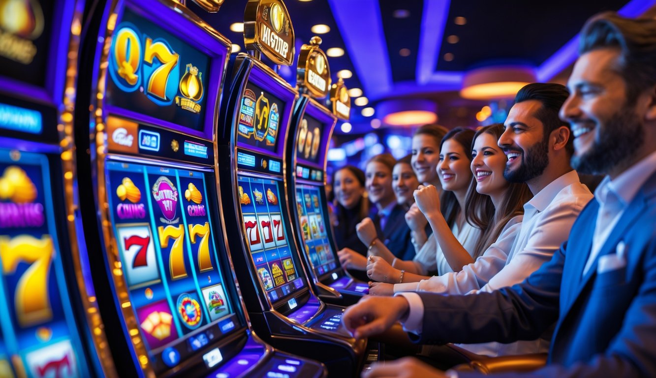 Suasana kasino modern dengan mesin slot berwarna-warni dan pemain yang sedang menikmati permainan dengan ekspresi bahagia.
