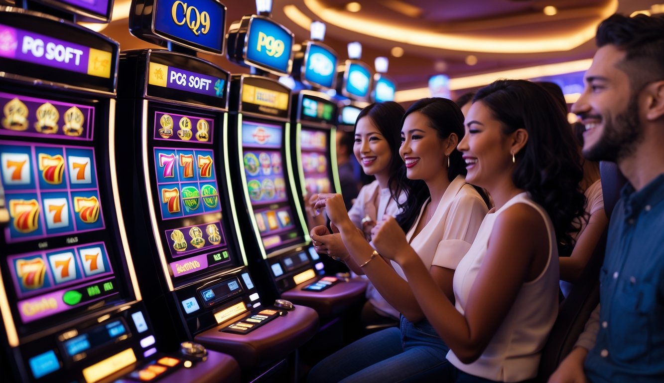Beberapa orang bermain mesin slot di kasino modern dengan mesin slot berwarna cerah dan suasana yang ramai.