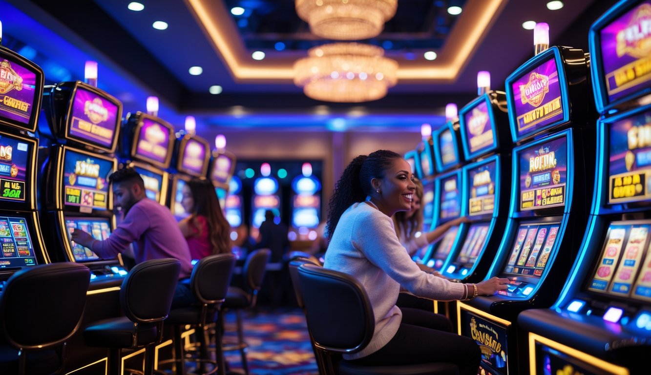 Suasana kasino modern dengan mesin slot berwarna-warni dan pemain yang antusias bermain dan menunggu jackpot.