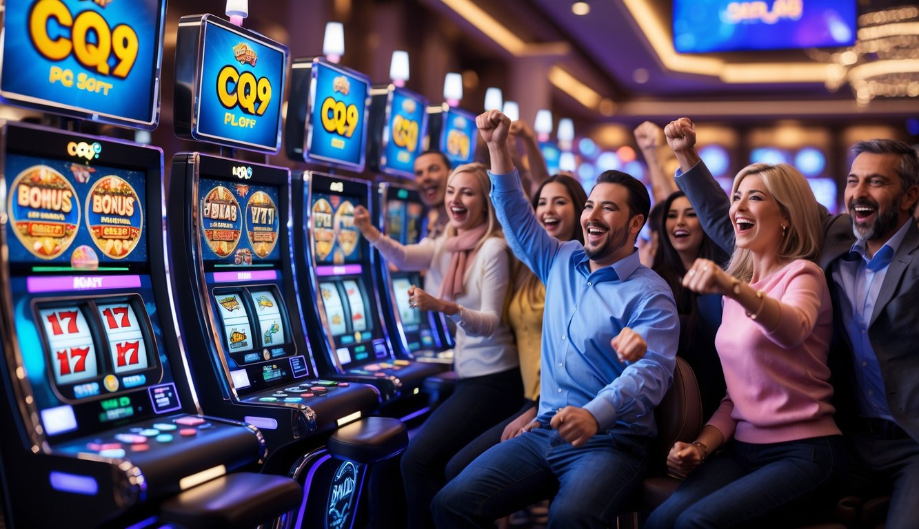 Sejumlah orang bermain mesin slot di kasino dengan suasana ceria dan lampu warna-warni yang menandakan kemenangan jackpot.