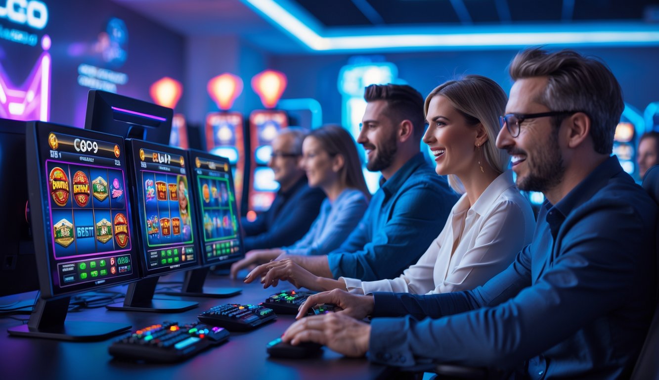 Sejumlah orang fokus bermain permainan slot online di lingkungan gaming modern dengan layar komputer menampilkan permainan slot berwarna-warni.