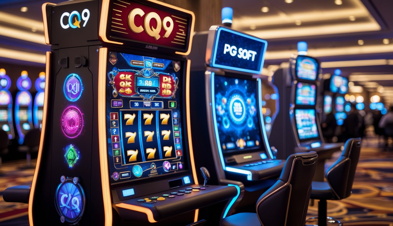 Dua mesin slot berdampingan di lantai kasino dengan suasana ramai, menampilkan desain dan warna yang berbeda untuk membedakan mesin CQ9 dan PG Soft.