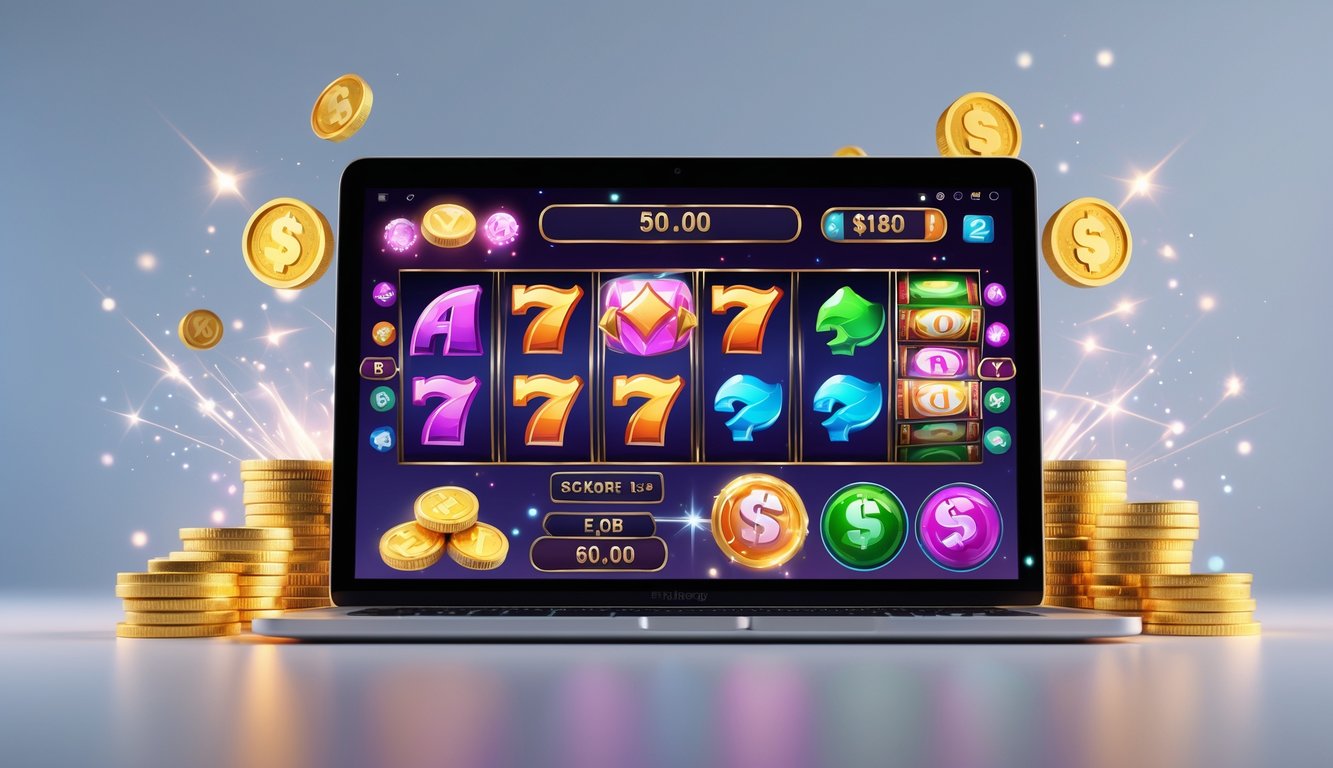 Seorang pemain sedang menggunakan laptop dengan layar menampilkan permainan slot online berwarna-warni dan simbol kemenangan, dikelilingi oleh tumpukan koin emas dan cahaya yang berkilauan.