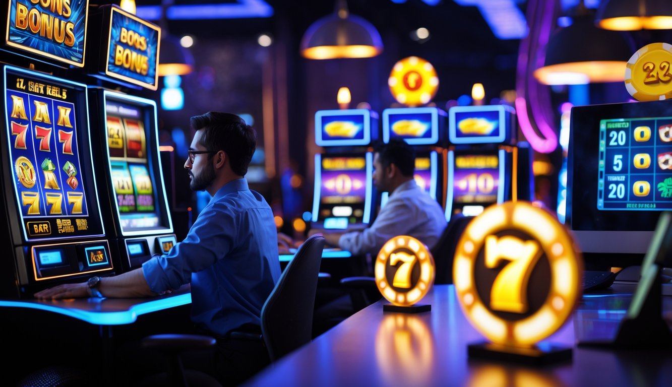 Suasana kasino digital dengan mesin slot berwarna-warni dan dua pengembang yang sedang bekerja dengan komputer.