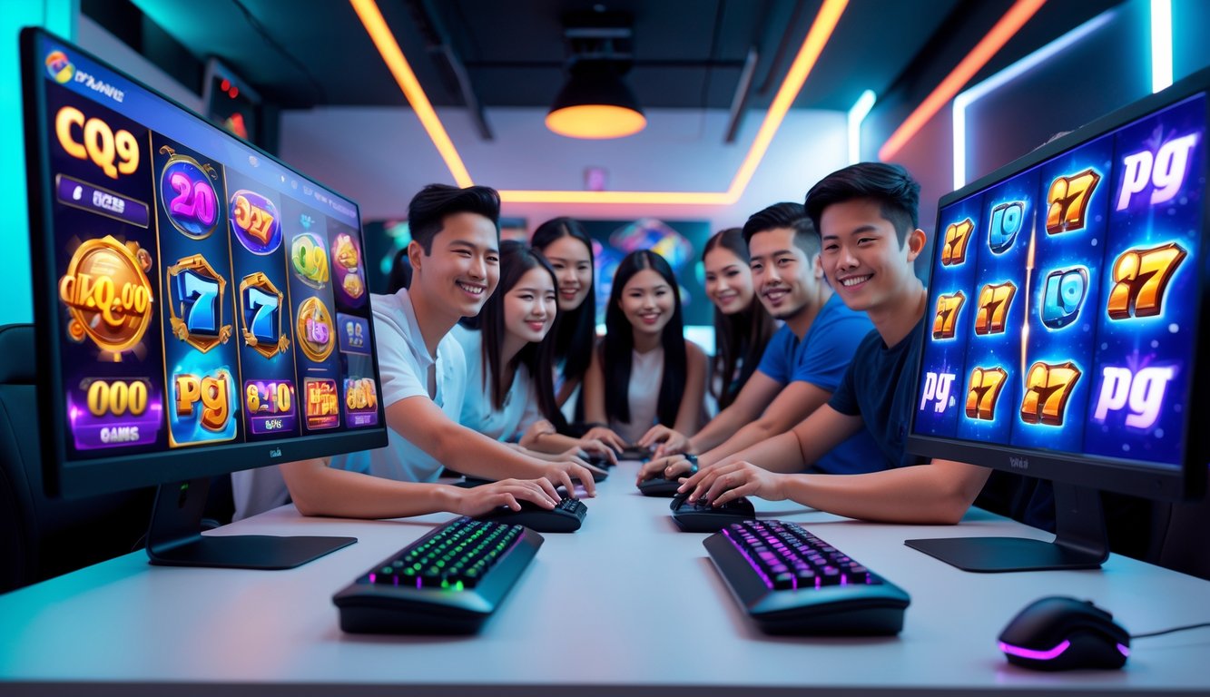 Beberapa orang muda sedang bermain permainan slot online di dua layar komputer yang menampilkan permainan dari CQ9 dan PG Soft.