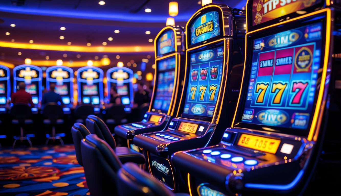 Suasana kasino modern dengan mesin slot digital yang menyala dan pemain yang menikmati permainan di lantai kasino yang ramai.