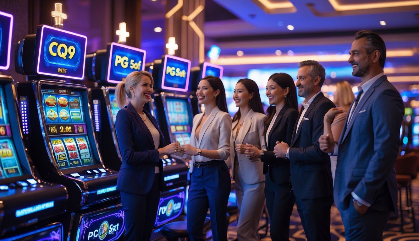 Orang-orang bermain mesin slot digital di kasino modern dengan pencahayaan cerah dan suasana antusias.