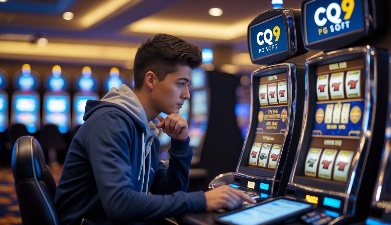 Seorang pemain muda sedang fokus bermain mesin slot di kasino dengan suasana yang tenang dan pencahayaan hangat.