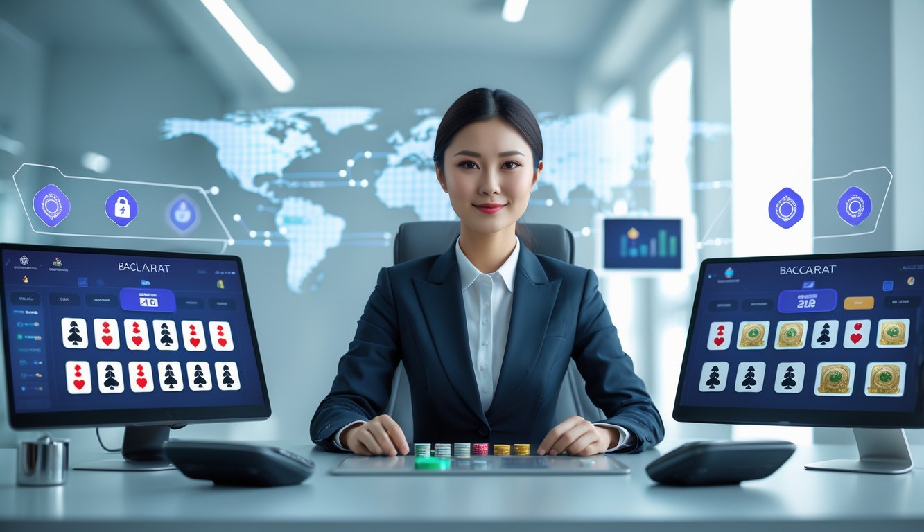 Seorang profesional duduk di meja modern dengan beberapa perangkat digital yang menampilkan permainan baccarat dan ikon keamanan, di kantor modern dengan suasana tenang dan fokus.