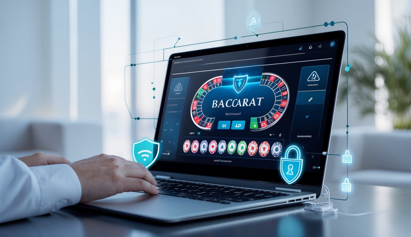 Seorang profesional menggunakan komputer dengan tampilan permainan baccarat online yang aman dan terpercaya di lingkungan kerja yang rapi.