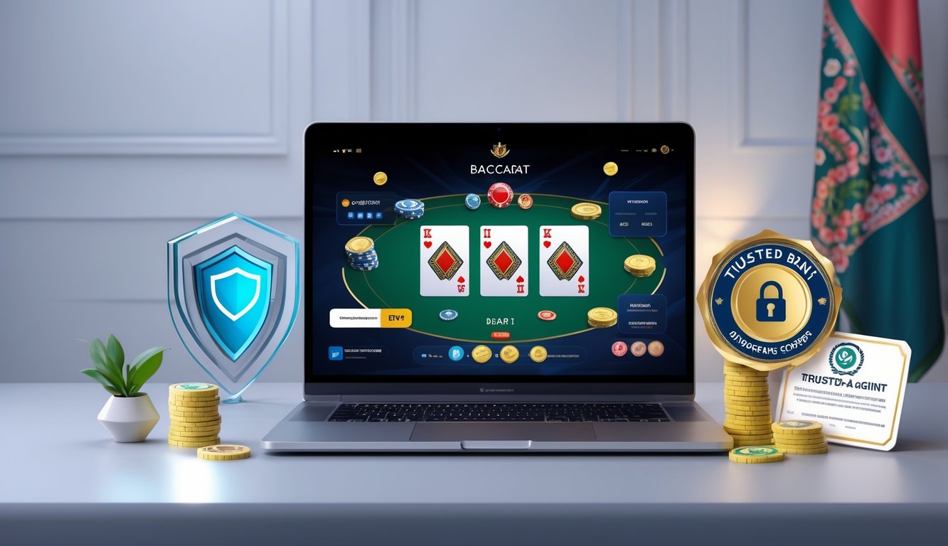 Sebuah meja dengan komputer menampilkan permainan baccarat online, dikelilingi simbol keamanan dan kepercayaan, dengan latar belakang yang bersih dan sentuhan budaya Indonesia.