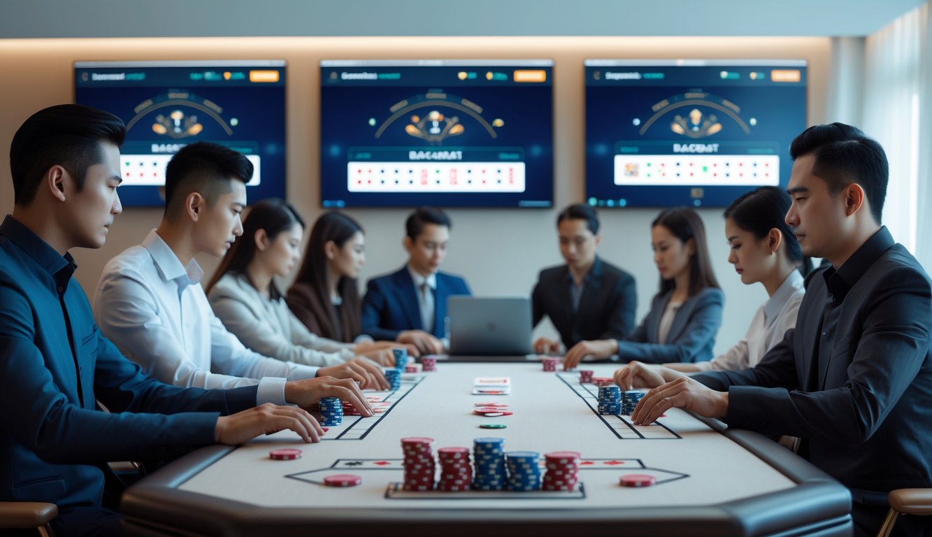 Beberapa pemain Indonesia sedang fokus bermain baccarat online menggunakan laptop dan ponsel di lingkungan modern dengan meja permainan dan kartu baccarat.