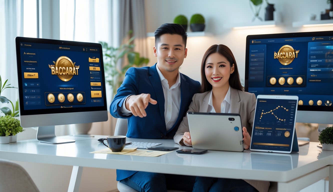 Seorang pria dan wanita duduk di meja kerja dengan beberapa layar komputer menampilkan permainan baccarat dan situs kasino online, sedang berdiskusi dan menunjuk layar komputer.