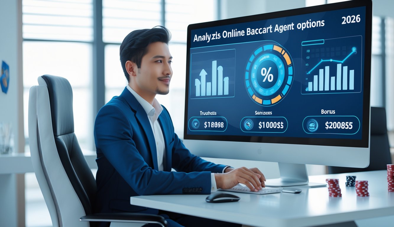 Seorang profesional duduk di meja modern sambil melihat layar komputer yang menampilkan grafik terkait agen baccarat online terpercaya dan bonus besar.