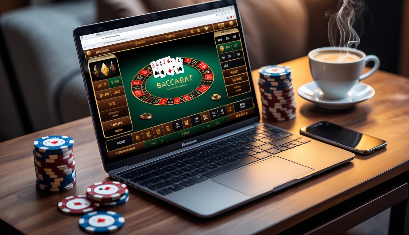 Seorang pria menggunakan laptop dengan permainan baccarat online di layar, dikelilingi oleh chip kasino dan ponsel di atas meja kayu, dengan latar belakang ruangan yang nyaman.