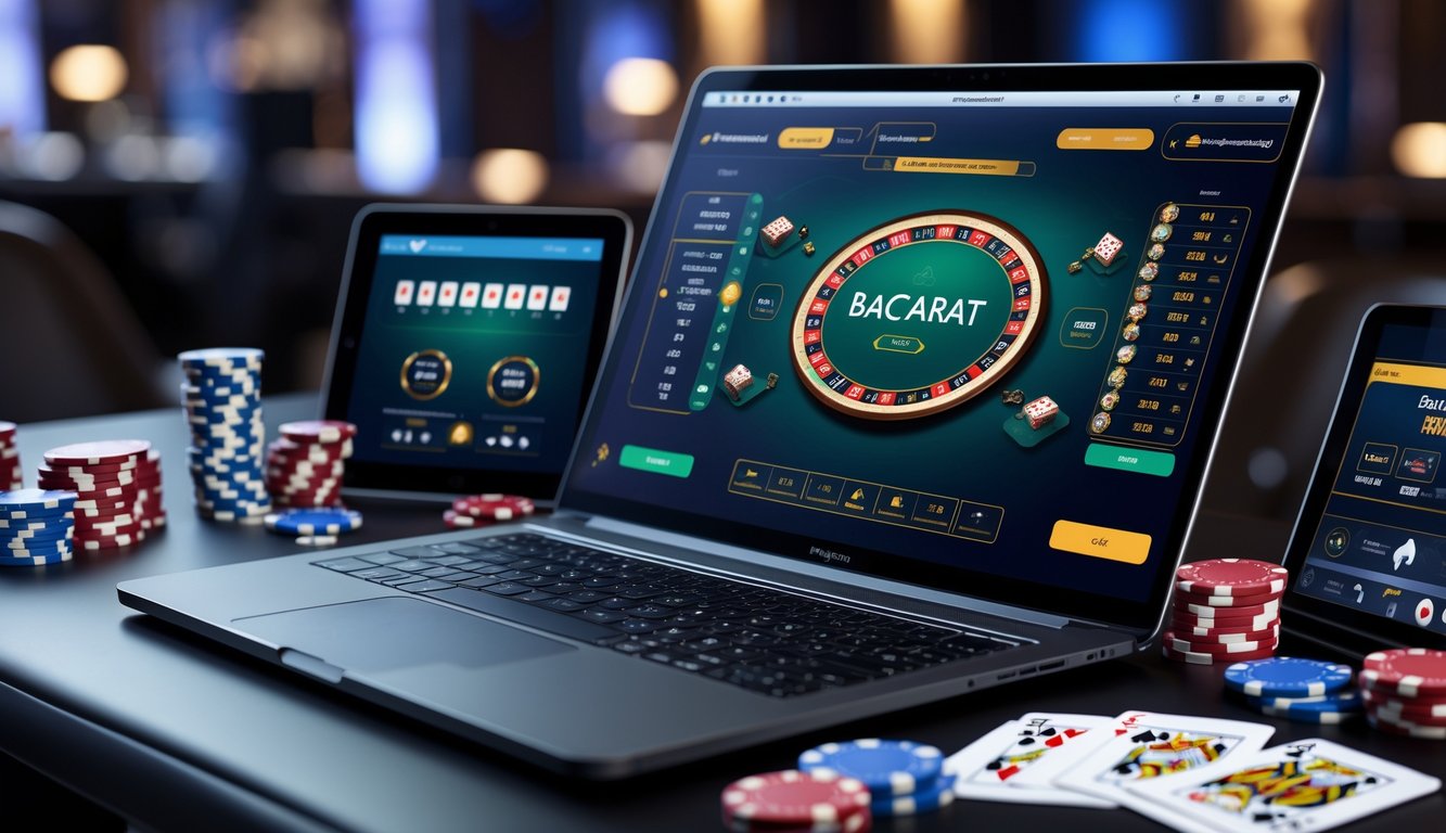 Seorang pemain menggunakan komputer dengan tampilan permainan baccarat online dan chip kasino di meja.